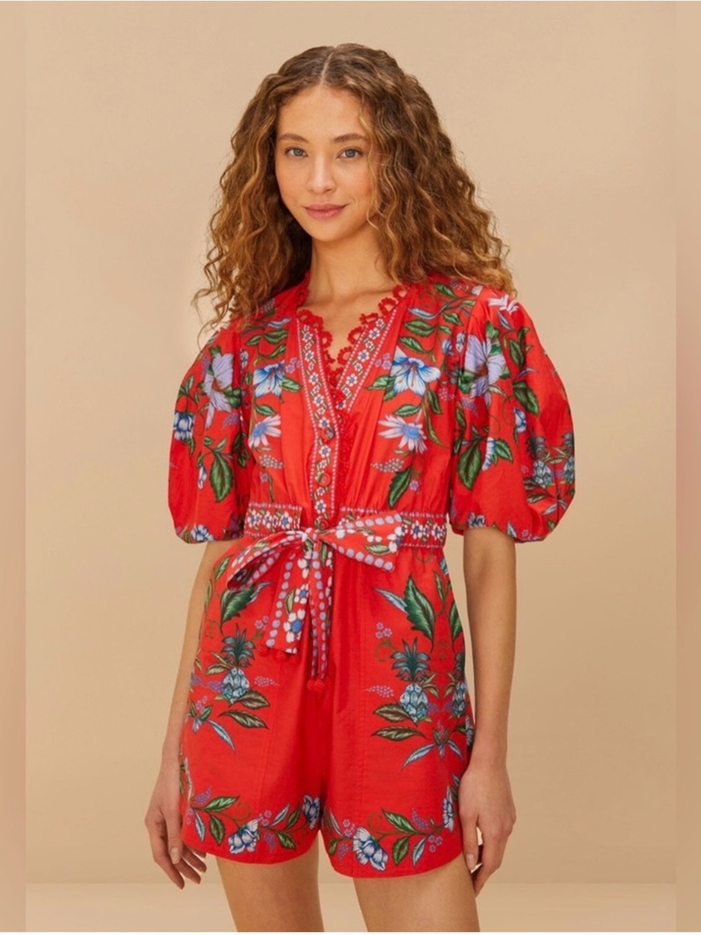 FARM RIO Sweet Bloom Bouquet Romper. BRAND NEW. Red Floral V-Neck Tie-Waist Rope - Picture 3 of 9